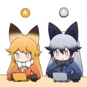 Rule 34 | 2girls, animal ears, animated, black bow, black gloves, black hair, black neckwear, blonde hair, blue jacket, bow, bowtie, commentary, extra ears, ezo red fox (kemono friends), gloves, gradient hair, grey hair, handheld game console, jacket, kemono friends, long hair, looping animation, multicolored hair, multiple girls, necktie, nintendo ds, open mouth, orange jacket, scarf, silver fox (kemono friends), sweat, table, taro (tontaro), v-shaped eyebrows, video, white background, white bow, white neckwear, yellow bow, yellow neckwear