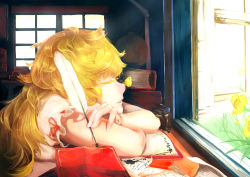 Rule 34 | 1girl, blonde hair, book, bottle, bug, butterfly, butterfly on nose, crossed arms, closed eyes, flower, head rest, highres, ink, ink bottle, bug, kaatoso, long hair, messy hair, original, paper, quill, sleeping, solo, sunlight, window
