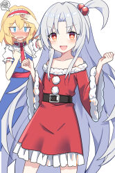 Rule 34 | 2girls, :d, alice margatroid, alternate costume, bare shoulders, belt, black belt, blue eyes, blush, christmas, collarbone, e.o., grey hair, hair bobbles, hair ornament, hairband, highres, long hair, long sleeves, looking at viewer, multiple girls, one side up, open mouth, red hairband, santa costume, shinki (touhou), simple background, smile, standing, touhou, touhou (pc-98), very long hair, white background, wide sleeves
