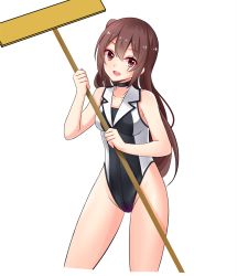 Rule 34 | 1girl, breasts, brown hair, chinese commentary, collarbone, commentary request, contrapposto, cowboy shot, devil fish, girls&#039; frontline, highres, leaning forward, long hair, looking at viewer, one side up, open mouth, race queen, red eyes, round teeth, simple background, small breasts, solo, standing, teeth, two-tone leotard, ump45 (girls&#039; frontline), upper teeth only, white background