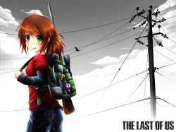 Rule 34 | 1girl, backpack, bag, blush, brown hair, child, copyright name, denim, ellie (the last of us), fenrixion, green eyes, gun, highres, jeans, long hair, pants, ponytail, power lines, rifle, scope, shirt, sniper rifle, solo, t-shirt, the last of us, the last of us (series), utility pole, weapon