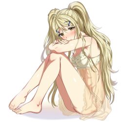 Rule 34 | 1girl, aldehyde, armpits, bare legs, bare shoulders, barefoot, blonde hair, blush, bra, breasts, brown eyes, cleavage, commentary request, flower, from side, full body, hair between eyes, hair ornament, hairclip, highres, knees up, long hair, looking at viewer, looking to the side, medium breasts, nail polish, navel, orange nails, original, panties, parted lips, ribbon-trimmed bra, see-through, shiny skin, simple background, sitting, solo, toenail polish, toenails, twintails, underwear, underwear only, uri-chan, white background, white bra, white panties