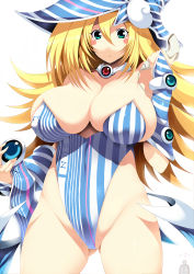 Rule 34 | 1girl, :o, adapted costume, aqua eyes, barcode scanner, bare shoulders, blonde hair, blush stickers, breasts, cleavage, collar, covered navel, dark magician girl, duel monster, gauntlets, gem, gluteal fold, hat, highres, holding, huge breasts, lawson, leotard, long hair, looking at viewer, scanner, simple background, solo, standing, stomach, striped, thigh gap, thighs, tombstone, translation request, tsukasawa takamatsu, white background, yu-gi-oh!