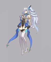 Rule 34 | 1girl, absurdres, amputee, bandage over one eye, bandages, blue eyes, boots, commission, covered navel, full body, grey background, grey hair, high heels, highres, long hair, looking at viewer, magical girl, original, ponytail, shen hai ichigo, solo, standing, tachi-e, thigh boots, very long hair