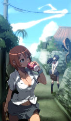 Rule 34 | 2girls, asobi ni iku yo!, bag, bloom, blue eyes, blue hair, breasts, briefcase, brown eyes, brown hair, can, cleavage, contrail, dr pepper, drink, drink can, futaba aoi (asobi ni iku yo!), holding, kinjou manami, long hair, looking up, multiple girls, navel, no bra, open clothes, open shirt, painpa, pigeon-toed, pinky out, product placement, school bag, school uniform, shade, shirt, short hair, soda, soda can, sunlight, tight clothes, tight shirt, v arms, watch