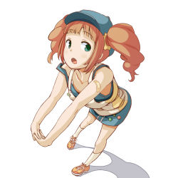 Rule 34 | 1girl, :o, bandaid, bandaid on arm, bare shoulders, brown hair, from above, full body, green eyes, hat, idolmaster, idolmaster (classic), kneehighs, lapel pin, long hair, looking up, open mouth, overalls, pin, shoes, skirt, sneakers, socks, solo, standing, stretching, takatsuki yayoi, twintails, waaaaaaaaa