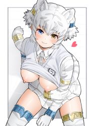 Rule 34 | 1girl, animal ear fluff, animal ears, arm under breasts, blue eyes, blush, bracelet, breasts, breasts out, byakko (kemono friends), clothes lift, commentary request, deku suke, elbow gloves, extra ears, gloves, grey hair, grey necktie, heart, heterochromia, highres, jewelry, kemono friends, large breasts, long sleeves, looking at viewer, multicolored hair, necktie, nipples, pleated skirt, shirt lift, short hair, skirt, smile, solo, tail, thighhighs, tiger ears, tiger girl, tiger tail, two-tone hair, vest lift, white gloves, white hair, white skirt, yellow eyes