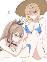 Rule 34 | 2girls, alice zuberg, bare legs, bare shoulders, black one-piece swimsuit, blonde hair, blue eyes, blue one-piece swimsuit, blush, breasts, bwave968, cleavage, eydis (sao), hair ornament, hat, large breasts, looking at viewer, multiple girls, one-piece swimsuit, one eye closed, ponytail, red eyes, ribbon, signature, swimsuit, sword art online, white background, wink