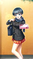 Rule 34 | 1girl, bag, black coat, black hair, blue eyes, blue scarf, bob cut, box, coat, day, doukyuusei 2, doukyuusei another world, embarrassed, from side, game cg, gift, gift box, holding, holding box, kneehighs, long sleeves, looking at viewer, miniskirt, official art, open mouth, outdoors, plaid, plaid scarf, plaid skirt, pleated skirt, scarf, school bag, shinohara izumi, short hair, skirt, socks, solo, standing, valentine, white socks