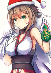 Rule 34 | 10s, 1girl, armpits, brown hair, gloves, green eyes, hat, kantai collection, konkito, looking at viewer, mutsu (kancolle), open mouth, personification, santa hat, solo