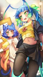 Rule 34 | 2girls, :d, absurdres, adjusting clothes, adjusting shoe, ahoge, animal ear fluff, antenna hair, bag, black pantyhose, black skirt, blue hair, blunt bangs, cat girl, commentary, commission, dot mouth, earrings, green eyes, heterochromia, highres, indoors, jewelry, long hair, melaton, midriff, multiple girls, navel, no pants, open mouth, orange eyes, original, pantyhose, shirt, shoulder bag, skeb commission, skirt, smile, star (symbol), star earrings, stuffed toy, twintails, white shirt