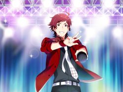 Rule 34 | 10s, 1boy, black pants, facial hair, facing viewer, game cg, idol, idolmaster, idolmaster side-m, idolmaster side-m live on stage!, male focus, microphone, necktie, official art, pants, pointing, pointing at viewer, red hair, smile, solo, sparkle, stage lights, stubble, tendo teru, v, white necktie