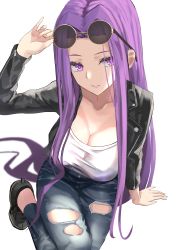 Rule 34 | 1girl, absurdres, black jacket, blue pants, breasts, cleavage, collarbone, commentary, contemporary, denim, fate/stay night, fate (series), forehead, glasses, highres, jacket, jeans, kesoshirou, large breasts, leather, leather jacket, long hair, long sleeves, looking at viewer, medusa (fate), medusa (rider) (fate), open clothes, open jacket, pants, parted bangs, parted lips, purple eyes, purple hair, shirt, sidelocks, square pupils, sunglasses, sunglasses on head, torn clothes, torn jeans, torn pants, very long hair, white shirt