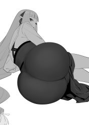 Rule 34 | 1girl, ass, blunt bangs, blush, braid, dress, from behind, greyscale, highres, huge ass, long hair, long sleeves, looking at viewer, looking back, lying, momoko (shoutao), monochrome, on side, original, shoutao, solo, white background, wide hips