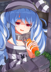 Rule 34 | 1girl, ame., animal ears, blue hair, brick wall, carrot, chain, collar, commentary request, empty eyes, fake animal ears, food, hair between eyes, hair ornament, hands up, highres, holding, holding food, hololive, long sleeves, metal collar, multicolored hair, official alternate costume, open mouth, prison, prison clothes, rabbit hair ornament, red eyes, shirt, short eyebrows, smirk, solo, striped clothes, striped headwear, striped shirt, thick eyebrows, twintails, two-tone hair, usada pekora, usada pekora (prisoner), virtual youtuber, white hair