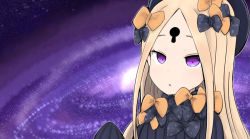 Rule 34 | 1girl, :o, abigail williams (fate), black bow, black dress, black hat, blonde hair, blush, bow, dress, fate/grand order, fate (series), forehead, galaxy, hair bow, hand up, hat, keyhole, long hair, long sleeves, looking at viewer, orange bow, parted bangs, parted lips, polka dot, polka dot bow, purple eyes, shiming liangjing, sleeves past fingers, sleeves past wrists, solo, very long hair