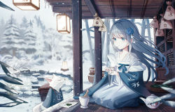 Rule 34 | 1girl, architecture, bamboo, blue eyes, blue flower, blue hair, blurry, blurry background, chinese clothes, commentary request, cup, day, east asian architecture, flower, fox, green tea, hair flower, hair ornament, hanfu, highres, holding, holding cup, iren lovel, lantern, long hair, md5 mismatch, mortar (bowl), original, resolution mismatch, scenery, seiza, sitting, snow, snowing, solo, source smaller, steam, tea, teacup, teapot, tree, winter