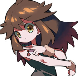 1girl black_shirt brown_hair closed_mouth creatures_(company) game_freak green_(pokemon) hair_between_eyes highres holding holding_poke_ball hyou_(hyouga617) long_hair looking_at_viewer nintendo poke_ball poke_ball_(basic) pokemon pokemon_(creature) pokemon_lgpe shirt short_sleeves simple_background solo upper_body white_background yellow_eyes