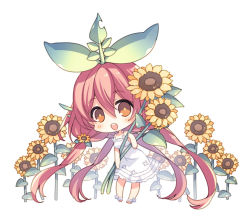 Rule 34 | 1girl, :d, bare arms, bare shoulders, blush, brown eyes, chibi, dress, flower, granblue fantasy, hair between eyes, hair flower, hair ornament, leaf, leaning forward, long hair, mizuno sao, monster girl, hugging object, open mouth, pink hair, plant girl, quad tails, round teeth, simple background, sleeveless, sleeveless dress, smile, solo, standing, sunflower, teeth, upper teeth only, very long hair, white background, white dress, white footwear, yellow flower, yggdrasil (granblue fantasy)