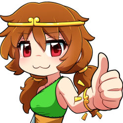 Rule 34 | 1girl, :3, breasts, brown hair, circlet, closed mouth, commentary, dress, english commentary, green dress, long hair, looking at viewer, lowres, medium breasts, multicolored clothes, multicolored dress, no nose, rakkidei, red eyes, simple background, single sleeve, single strap, smile, solo, son biten, thumbs up, touhou, twintails, unfinished dream of all living ghost, upper body, white background, white sleeves, yellow dress
