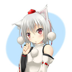 Rule 34 | 1girl, animal ears, bare shoulders, blush, bridal gauntlets, detached sleeves, hand up, hat, high collar, inubashiri momiji, looking at viewer, noronosuke, pom pom (clothes), red eyes, short hair, simple background, solo, tokin hat, touhou, triangle mouth, two-tone background, white hair, wolf ears