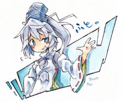 Rule 34 | 1girl, blue eyes, blue hat, breasts, cropped torso, grey hair, hat, japanese clothes, kariginu, kibayashi kimori, long hair, looking at viewer, mononobe no futo, one-hour drawing challenge, open mouth, ponytail, red ribbon, ribbon, ribbon-trimmed headwear, ribbon trim, simple background, small breasts, solo, tate eboshi, touhou, upper body, white background, wide sleeves