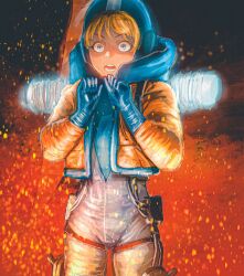 Rule 34 | 1girl, animification, apex legends, blonde hair, blue eyes, blue gloves, bodysuit, commentary request, constricted pupils, cowboy shot, gloves, highres, hood, hooded bodysuit, jacket, open mouth, orange jacket, ribbed bodysuit, shaded face, shiori (moechin), solo, wattson (apex legends)