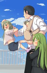 Rule 34 | 1boy, 3girls, admiral (kancolle), baby, black serafuku, black shirt, black shorts, black skirt, blue sky, child, cloud, collared shirt, crescent, crescent hair ornament, crossed arms, day, dress shirt, father and daughter, green eyes, green hair, hair ornament, height difference, highres, if they mated, kanna (po0000000000), kantai collection, long hair, mother and daughter, multiple girls, nagatsuki (kancolle), outdoors, po0000000000, railing, school uniform, serafuku, shirt, shorts, siblings, sisters, skirt, sky, white shirt