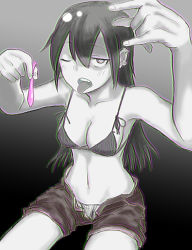 Rule 34 | &lt;labor&gt;, 1girl, ;p, armpits, bad id, bad nicoseiga id, bikini, bikini top only, breasts, chromatic aberration, cleavage, collarbone, condom, cookie (touhou), cowboy shot, earrings, gradient background, grey eyes, grey hair, greyscale, hair between eyes, highres, holding, holding condom, jewelry, kofji (cookie), long hair, looking at viewer, medium breasts, midriff, monochrome, navel, one eye closed, open mouth, panties, panty peek, shorts, simple background, solo, stomach, swimsuit, tagme, tongue, tongue out, underwear