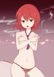 Rule 34 | 1girl, between breasts, blouse, breast hold, breasts, cigarette, collarbone, covering breasts, covering privates, drum, gradient background, horikawa raiko, instrument, large breasts, looking at viewer, navel, necktie, necktie between breasts, open mouth, panties, panties only, purple necktie, red eyes, red hair, shirt, short hair, smoke, solo, striped clothes, striped panties, thigh gap, topless, touhou, underwear, underwear only, yukihiko (sky sleep)