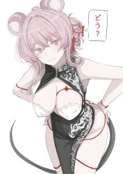 1girl absurdres animal_ears arknights bare_shoulders black_dress breasts cleavage closed_mouth cowboy_shot dress hair_bun hands_on_own_hips highres ken_(shutenndouji1) large_breasts leaning_forward lin_(arknights) long_hair looking_at_viewer mouse_ears mouse_girl mouse_tail pink_eyes pink_hair revealing_clothes single_hair_bun sleeveless sleeveless_dress smile solo speech_bubble tail translation_request wristband