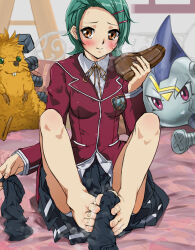 1girl barefoot blush brown_eyes erika_(yu-gi-oh!) feet footjob green_hair highres jinsai_sa_sa loafers looking_at_viewer medium_hair shoes single_shoe sock_on_penis sockjob socks steam toes unworn_shoes unworn_socks yu-gi-oh! yu-gi-oh!_duel_links