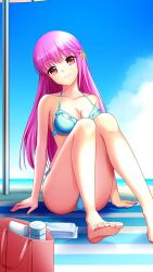 Rule 34 | 1girl, armpit crease, bare arms, bare legs, barefoot, bikini, blue bikini, blue sky, breasts, cleavage, closed mouth, collarbone, day, doukyuusei, doukyuusei another world, feet out of frame, frilled bikini, frills, game cg, hair ribbon, head tilt, long hair, looking at viewer, medium breasts, outdoors, pink hair, red eyes, ribbon, sakuragi mai, sideboob, sitting, sky, smile, soles, solo, summer, swimsuit, very long hair, yellow ribbon
