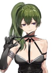 Rule 34 | 1girl, arm strap, armlet, bare shoulders, black dress, black gloves, breasts, choker, commentary request, dress, gloves, green hair, hair between eyes, holding, holding scissors, long hair, looking at viewer, medium breasts, o-ring, o-ring choker, purple eyes, sakazuki sudama, scissors, side ponytail, simple background, single glove, smile, solo, sousou no frieren, ubel (sousou no frieren), white background