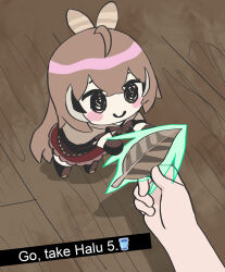 Rule 34 | 1girl, ahoge, ankle boots, belt, black eyes, blush, boots, brown capelet, brown cloak, brown corset, brown hair, cape, capelet, chibi, cloak, corset, feather hair ornament, feathers, gloves, go do a crime (meme), hair ornament, highres, holocure, hololive, hololive english, long hair, meme, multicolored hair, nanashi mumei, ponytail, red skirt, ribbon, shirt, skirt, smile, smol mumei, streaked hair, thanabis, thighhighs, very long hair, virtual youtuber, white shirt