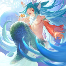 Rule 34 | 1boy, animal, antlers, armlet, artist name, bishounen, blue hair, clownfish, commission, completely nude, detached sleeves, fingernails, fins, fish, full body, green scales, hand up, head fins, highres, horns, long hair, looking at viewer, male focus, merman, monster boy, nude, open mouth, original, pink eyes, sand dollar, scales, sharp fingernails, skeb commission, smile, solo, very long hair, waterstaring
