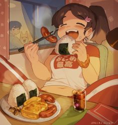 Rule 34 | 1boy, 1girl, blush, book, brown hair, chopsticks, closed eyes, cup, dated, food, food request, hair ornament, highres, long hair, midriff, navel, omelet, onigiri, open mouth, original, plate, ponytail, print shirt, sanjiro (tenshin anman), sausage, scrunchie, shirt, short sleeves, smile, solo focus, steam, thick arms, wrist scrunchie
