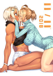 Rule 34 | 2018, 23 (real xxiii), 2girls, abs, ahoge, aran sweater, bare arms, bare legs, bare shoulders, barefoot, blonde hair, blue eyes, blue sweater, blush, breasts, cable knit, cleavage, closed eyes, commentary, dark-skinned female, dark skin, dated, female focus, food, hair between eyes, hair ornament, hairclip, hands on another&#039;s cheeks, hands on another&#039;s face, highres, jewelry, kiss, kneeling, large breasts, long sleeves, midriff, multiple girls, muscular, muscular female, original, pocky, pocky day, ribbed sweater, ring, seiza, sela (23), short hair, short ponytail, short shorts, shorts, simple background, sitting, surprised, sweater, toned, turtleneck, ursula (23), wedding band, white background, white shorts, wide-eyed, wife and wife, wristband, yuri