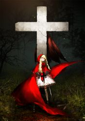 Rule 34 | 1girl, belt, blonde hair, blunt bangs, cape, chromatic aberration, cinkai, cloak, cross, cross necklace, gradient background, grass, highres, hood, hooded cloak, jewelry, long hair, necklace, original, over-kneehighs, red eyes, sky, solo, thigh strap, thighhighs, tree, wavy hair, white thighhighs