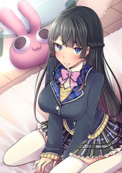 Rule 34 | 1girl, absurdres, bed, black hair, blue eyes, blush, breasts, hair ornament, hairclip, highres, kira kazuki, large breasts, long hair, looking at viewer, nijisanji, pleated skirt, school uniform, sitting, skirt, sleeves past wrists, smile, smiley face, solo, thighhighs, tsukino mito, tsukino mito (1st costume), very long hair, virtual youtuber, wariza, white thighhighs