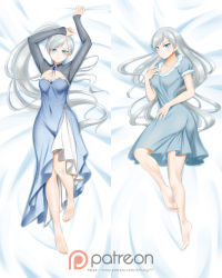 Rule 34 | 1girl, arms up, barefoot, bed sheet, blue dress, blue eyes, breasts, cleavage cutout, clothing cutout, collarbone, covered navel, dakimakura (medium), dress, from above, full body, highres, kimmy77, long hair, looking at viewer, lying, multiple views, on back, parted bangs, patreon logo, ponytail, rwby, scar, scar across eye, scar on face, short dress, silver hair, small breasts, smile, soles, very long hair, watermark, weiss schnee