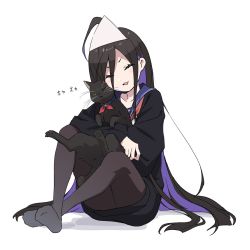 Rule 34 | 1girl, :d, ^ ^, ahoge, animal, animal hug, black cardigan, black cat, black hair, black pantyhose, blue sailor collar, cardigan, cat, closed eyes, commentary request, closed eyes, full body, highres, knees up, long hair, multicolored hair, neckerchief, no shoes, open mouth, original, pantyhose, purple hair, red neckerchief, sailor collar, shadow, shirt, sitting, smile, soles, solo, tama (tama-s), translation request, triangular headpiece, two-tone hair, very long hair, white background, white headwear, white shirt, yurako-san (tama)