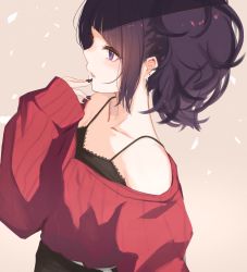 Rule 34 | 1girl, black camisole, blunt bangs, blush, breasts, camisole, cleavage, collarbone, diagonal bangs, ear piercing, earrings, highres, idolmaster, idolmaster shiny colors, jewelry, lace-trimmed camisole, lace trim, looking afar, off-shoulder shirt, off shoulder, piercing, profile, purple eyes, purple hair, red shirt, ribbed shirt, shirt, simple background, solo, takagaki eru, tanaka mamimi, thighhighs, upper body