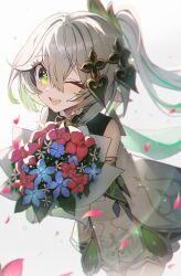 Rule 34 | 1girl, ;d, bare shoulders, bouquet, cape, child, cross-shaped pupils, detached sleeves, flower, genshin impact, gradient hair, green cape, green eyes, green hair, green sleeves, hair ornament, highres, leaf hair ornament, multicolored hair, nahida (genshin impact), one eye closed, open mouth, pointy ears, side ponytail, smile, solo, symbol-shaped pupils, white hair, zakkuri