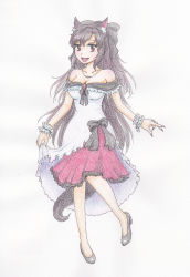 Rule 34 | 1girl, absurdres, animal ears, bare shoulders, breasts, brooch, brown hair, cleavage, collarbone, colored pencil (medium), dress, fang, female focus, full body, hair ornament, hair ribbon, highres, imaizumi kagerou, jewelry, large breasts, long hair, looking at viewer, nail polish, open mouth, red eyes, ribbon, simple background, smile, solo, standing, tail, touhou, traditional media, very long hair, white background, wolf ears, wolf tail, wrist cuffs, yamazaki makoto na