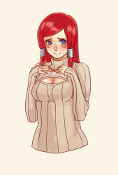 Rule 34 | 1girl, bad id, bad pixiv id, blazblue, blue eyes, blush, breasts squeezed together, breasts, cleavage, hair tubes, highres, long hair, medium breasts, meme attire, no legs, open-chest sweater, red hair, ribbed sweater, sara souju (warabi mochi), solo, sweater, tsubaki yayoi, turtleneck, upper body
