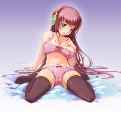 Rule 34 | 1girl, arm support, bad id, bad pixiv id, black thighhighs, blue eyes, blush, bra, breasts, cameltoe, covered erect nipples, huge breasts, kneeling, large breasts, leaning back, lingerie, long hair, megurine luka, moupii (hitsuji no ki), nipples, panties, pink hair, sitting, solo, strap slip, thighhighs, underwear, underwear only, vocaloid, wariza