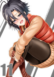 Rule 34 | 1girl, bad id, bad pixiv id, black hair, black pantyhose, blush, boots, brown footwear, idolmaster, idolmaster (classic), inu (marukome), kikuchi makoto, knee boots, long sleeves, looking at viewer, open mouth, pantyhose, purple eyes, putting on shoes, shirt, simple background, sitting, skirt, smile, solo, striped, striped background, vest