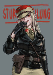 Rule 34 | 1girl, :q, absurdres, belt buckle, black gloves, black jacket, blonde hair, blood, blood on face, breasts, brown hat, brown necktie, brown pants, brown shirt, buckle, collared shirt, commentary, ear piercing, english commentary, german text, gloves, grey background, hat, head tilt, highres, holster, jacket, lapels, leather, leather belt, leather gloves, leather jacket, long hair, long sleeves, looking at viewer, mardjan, medium breasts, military hat, necktie, notched lapels, original, pants, parted lips, piercing, pointy ears, red eyes, red hat, shirt, shoulder strap, simple background, soldier, solo, text background, tongue, tongue out, upper body