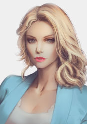 Rule 34 | 1girl, absurdres, blonde hair, blouse, blue jacket, blue suit, breasts, chinese commentary, cleavage, collarbone, eyelashes, eyeshadow, forehead, formal, grey eyes, highres, jacket, joker.z, looking at viewer, makeup, original, parted bangs, portrait, realistic, red lips, shaded face, shirt, simple background, solo, suit, upper body, white background, white shirt